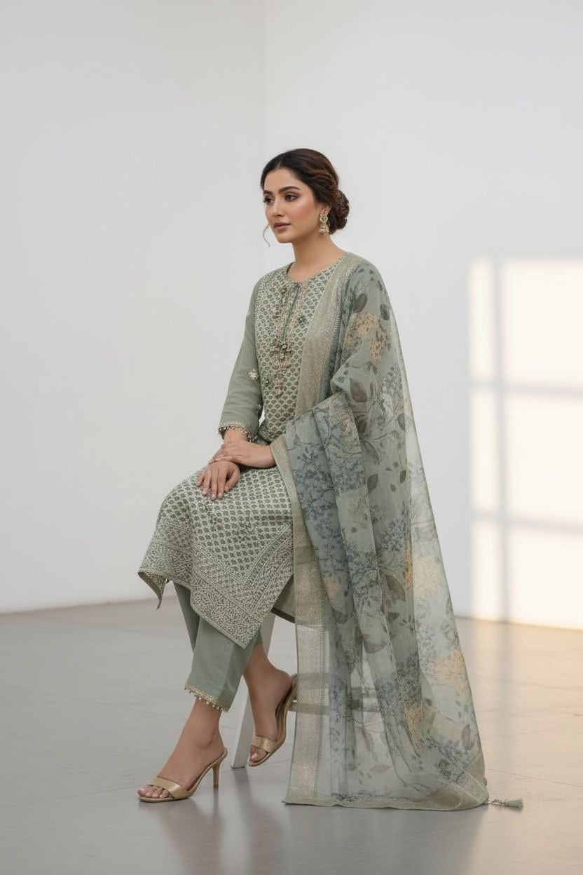 Alia Green Georgette Lakhnavi Suit with Banarsi Dupatta