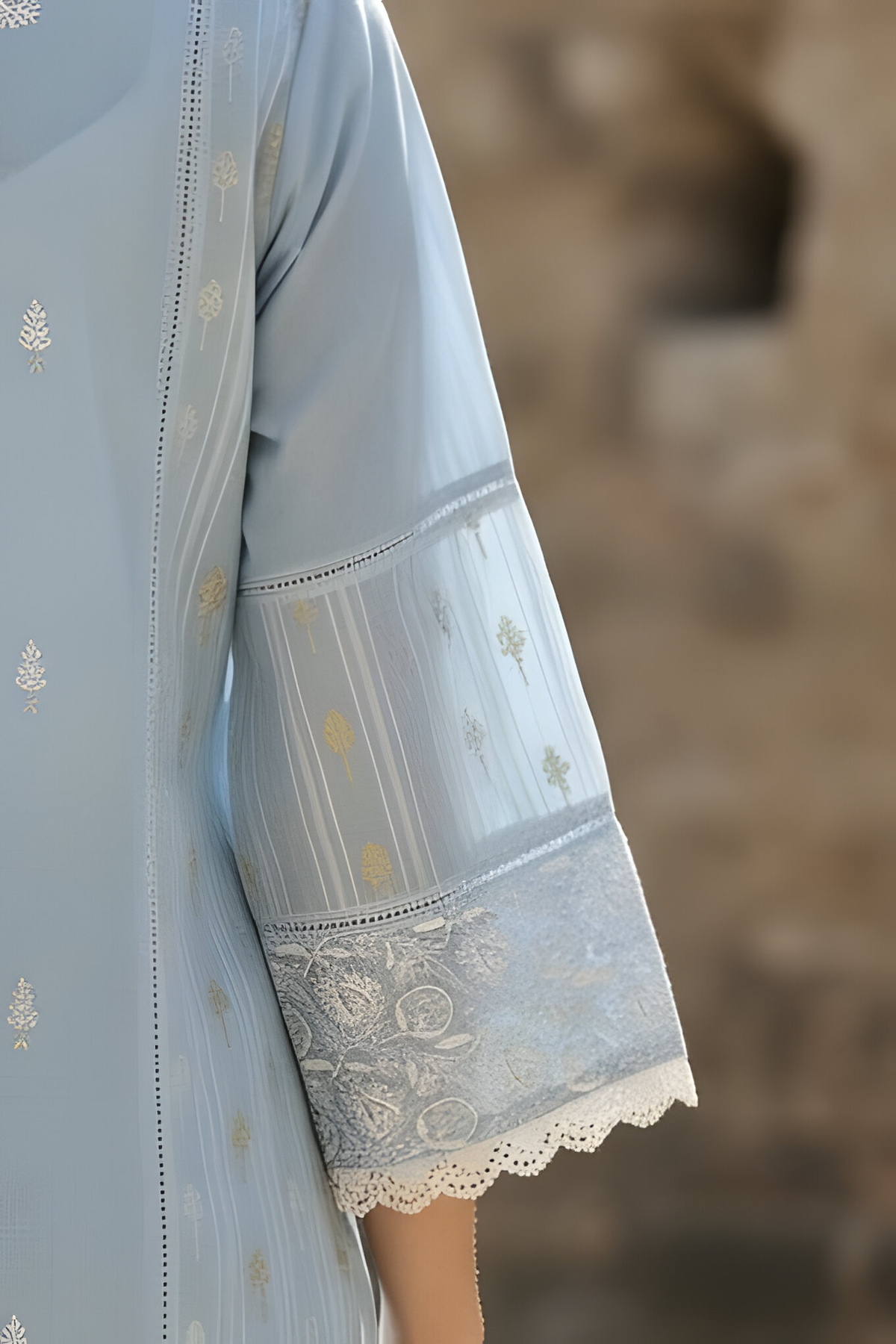 Sky Blue Pure Chanderi Silk Co-ord Set with Lakhnavi Embroidery of Pearl and Nalki and Pant