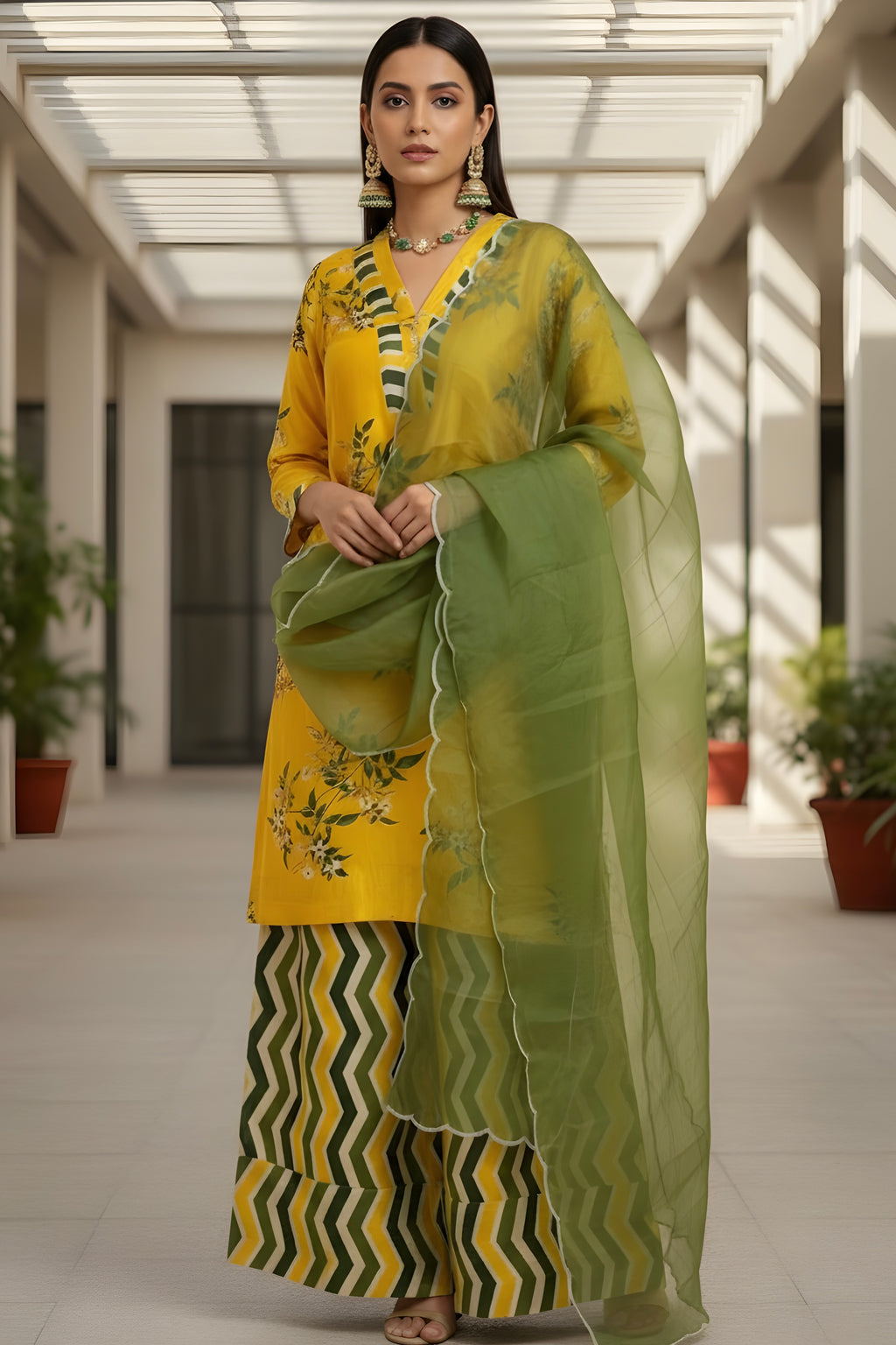 Yellow Printed Silk Suit with Farshi Salwar and Organza Dupatta