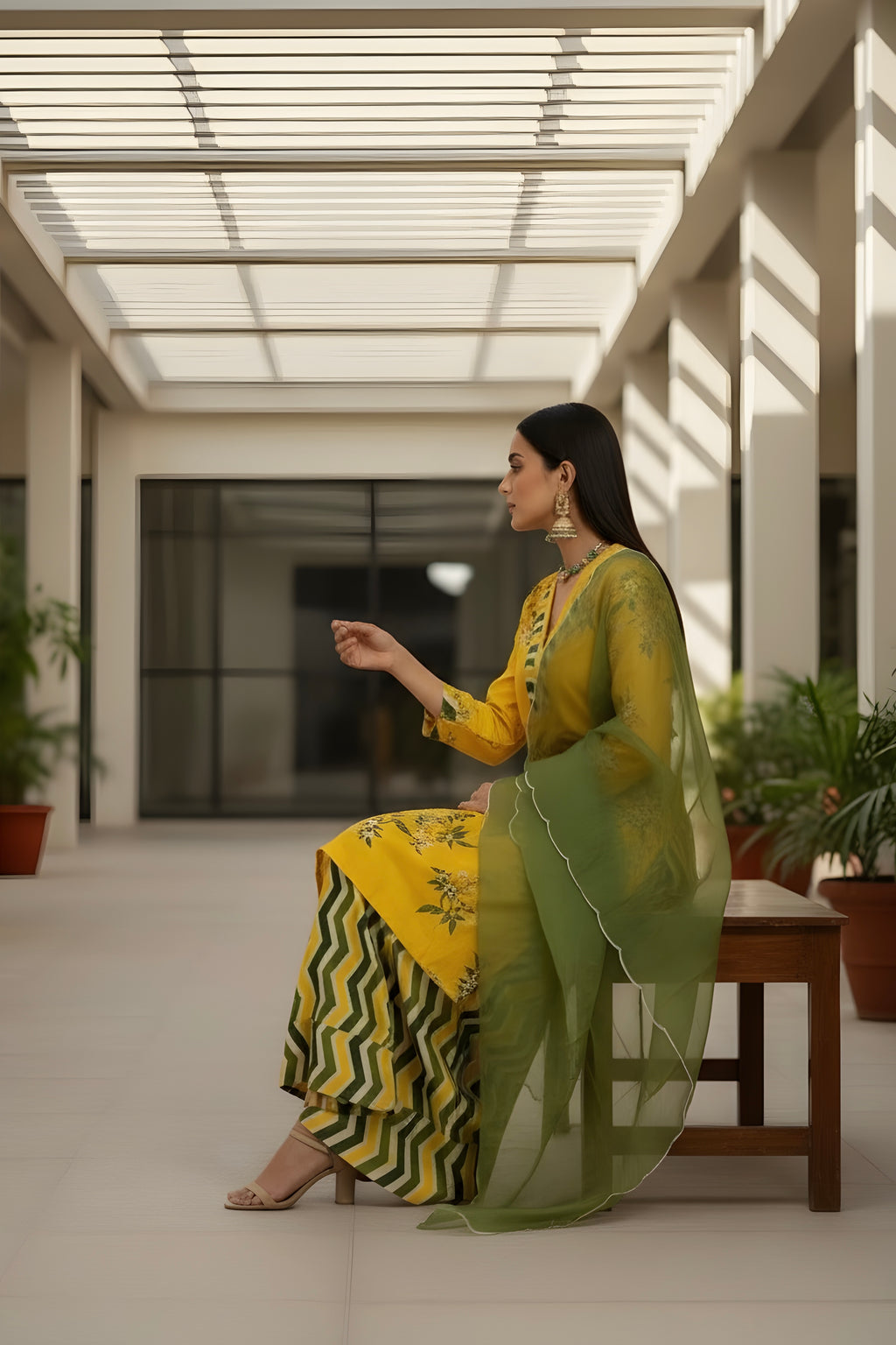 Yellow Printed Silk Suit with Farshi Salwar and Organza Dupatta