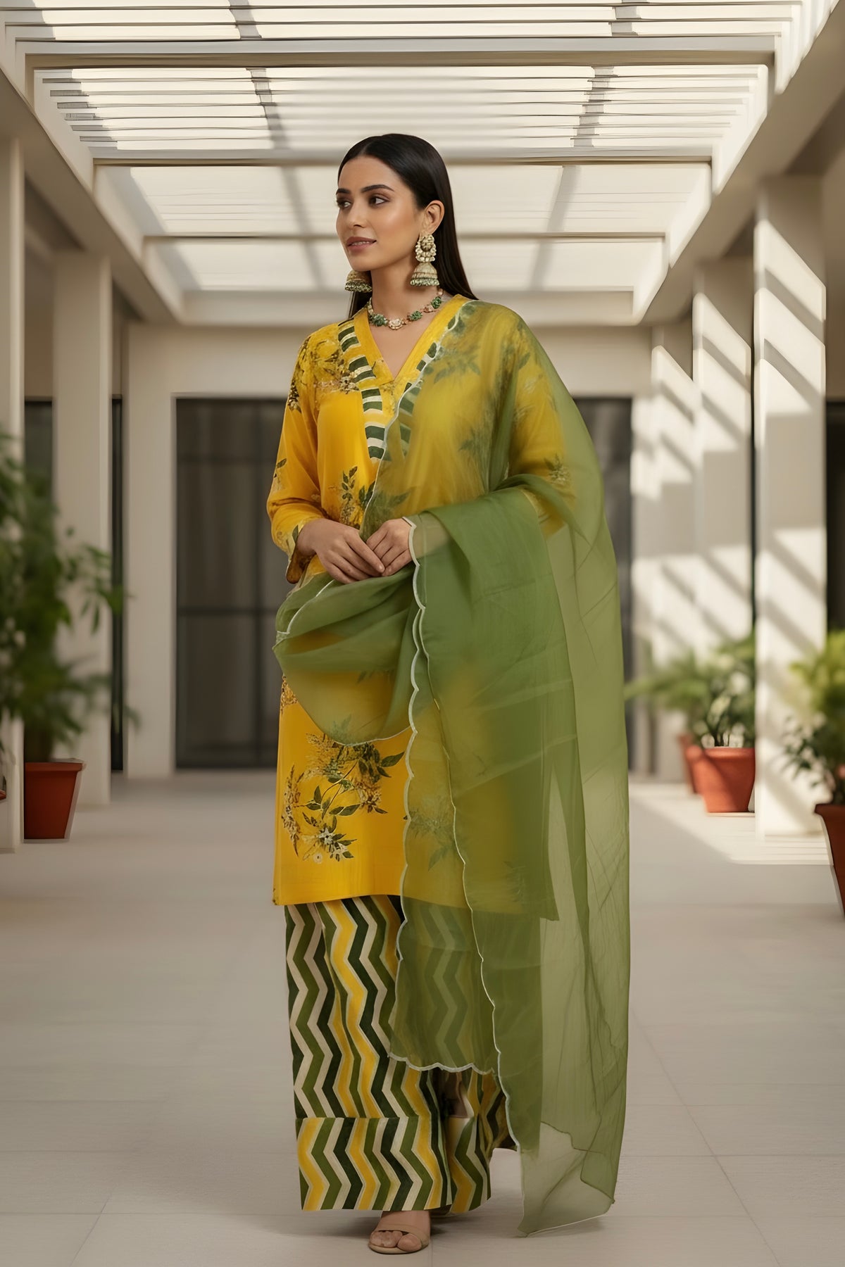 Yellow Printed Silk Suit with Farshi Salwar and Organza Dupatta