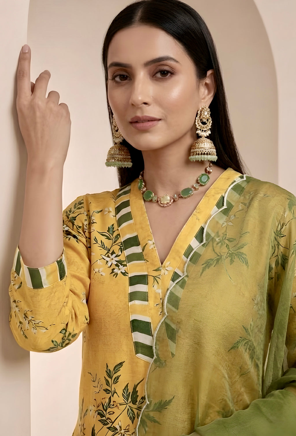 Yellow Printed Silk Suit with Farshi Salwar and Organza Dupatta