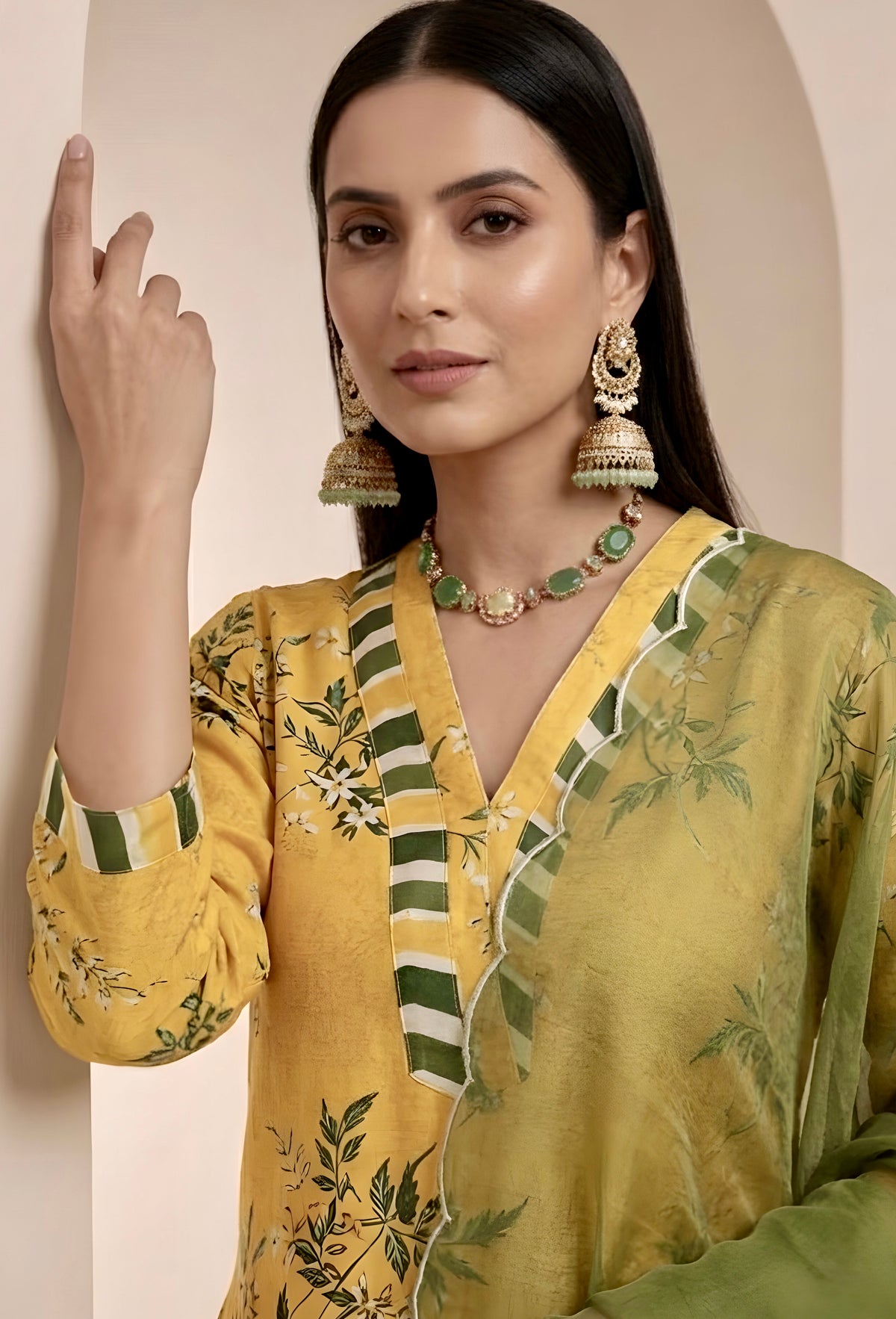 Yellow Printed Silk Suit with Farshi Salwar and Organza Dupatta