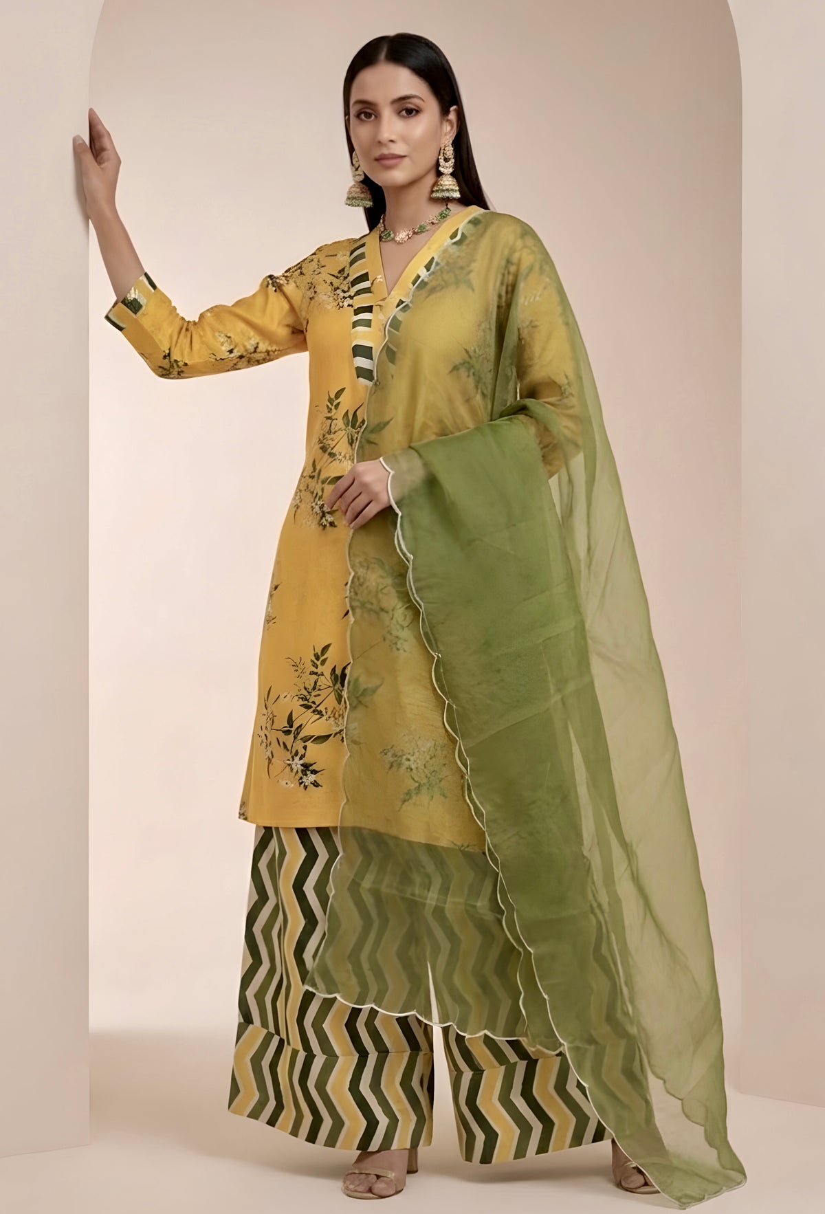 Yellow Printed Silk Suit with Farshi Salwar and Organza Dupatta