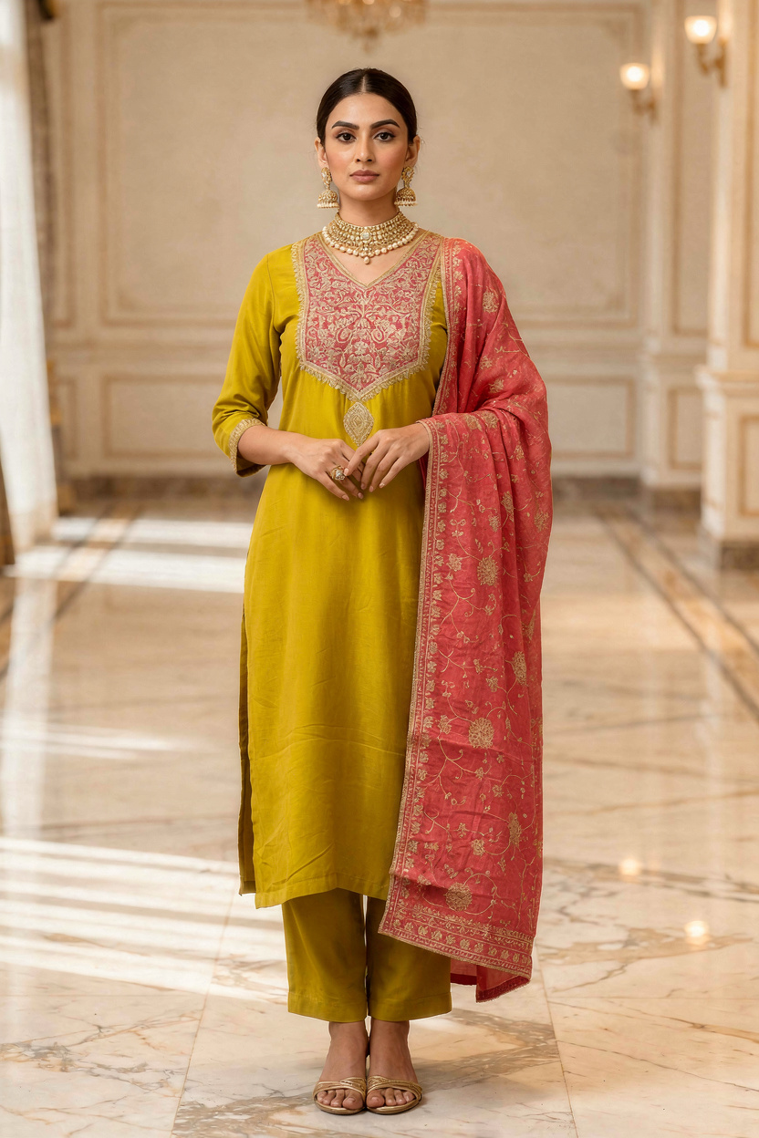 Mehandi Yellow Silk Embroidered Suit with Pant and Coral Pink Embroidered Dupatta