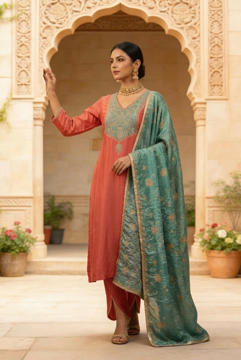 Carrot Pink Modal Silk Suit with Tulip Pant and Green Embroidered Dupatta