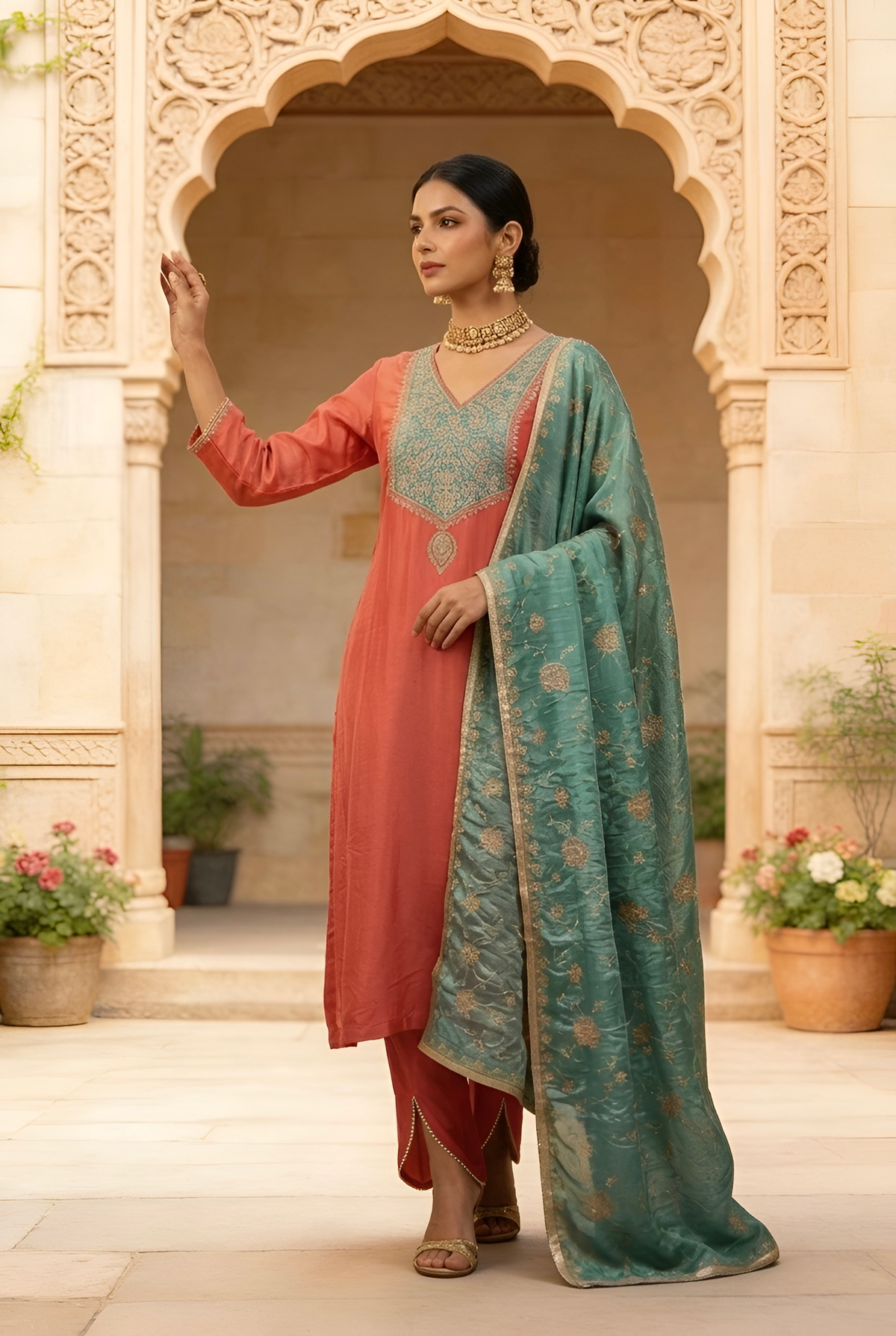 Carrot Pink Modal Silk Suit with Tulip Pant and Green Embroidered Dupatta