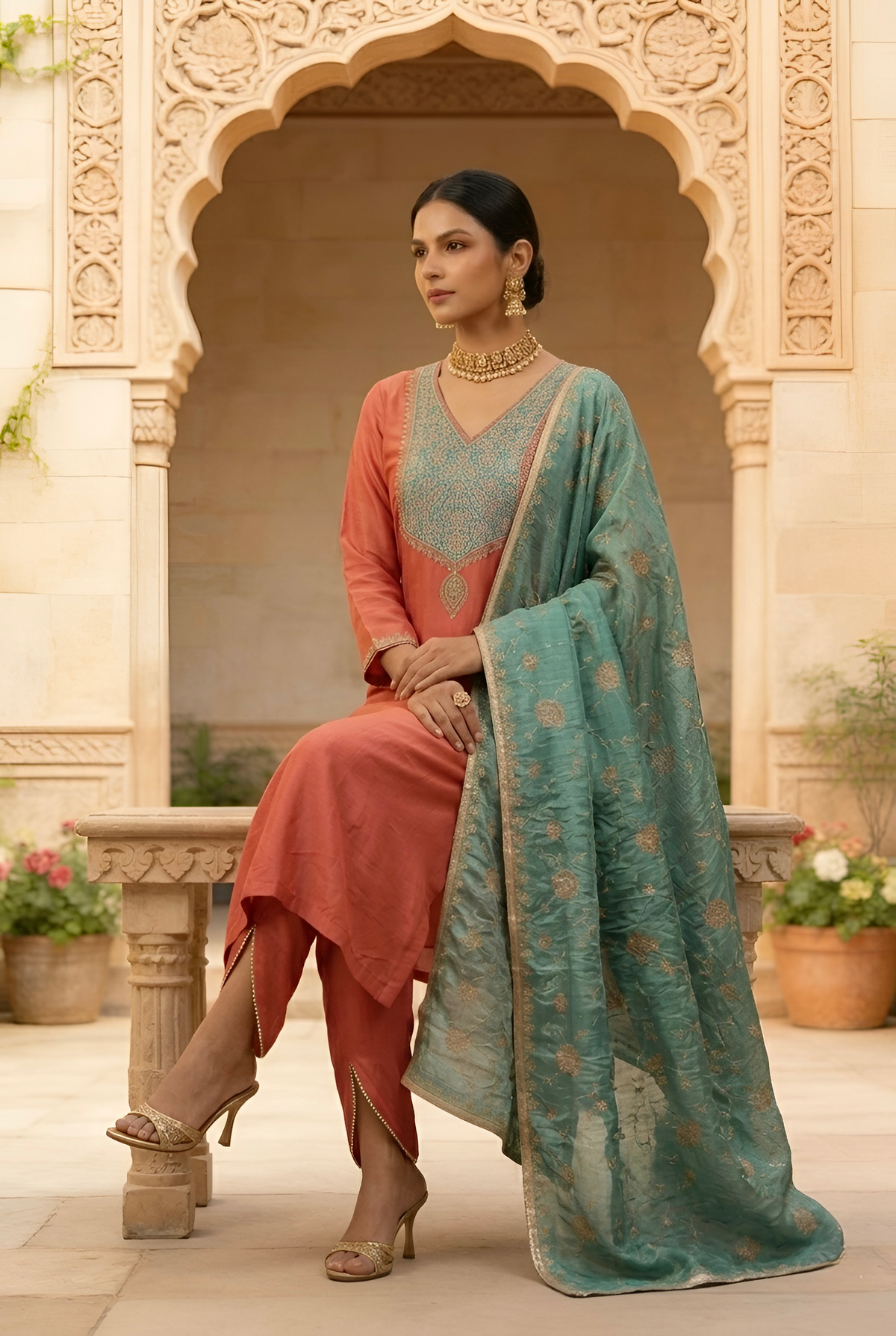 Carrot Pink Modal Silk Suit with Tulip Pant and Green Embroidered Dupatta