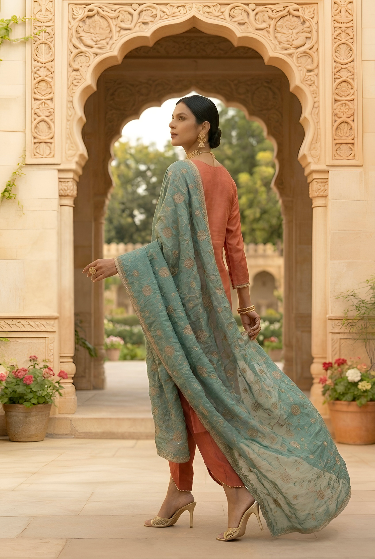 Carrot Pink Modal Silk Suit with Tulip Pant and Green Embroidered Dupatta