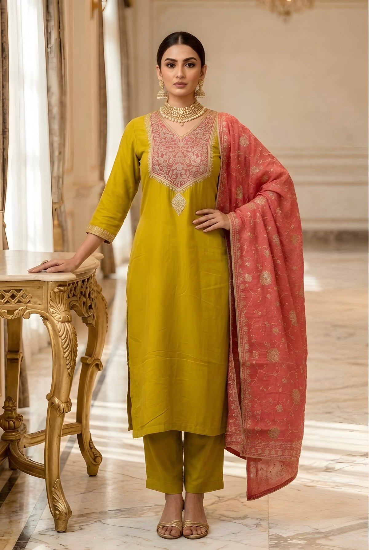 Mehandi Yellow Silk Embroidered Suit with Pant and Coral Pink Embroidered Dupatta