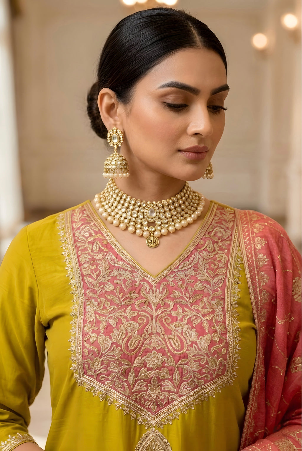 Mehandi Yellow Silk Embroidered Suit with Pant and Coral Pink Embroidered Dupatta