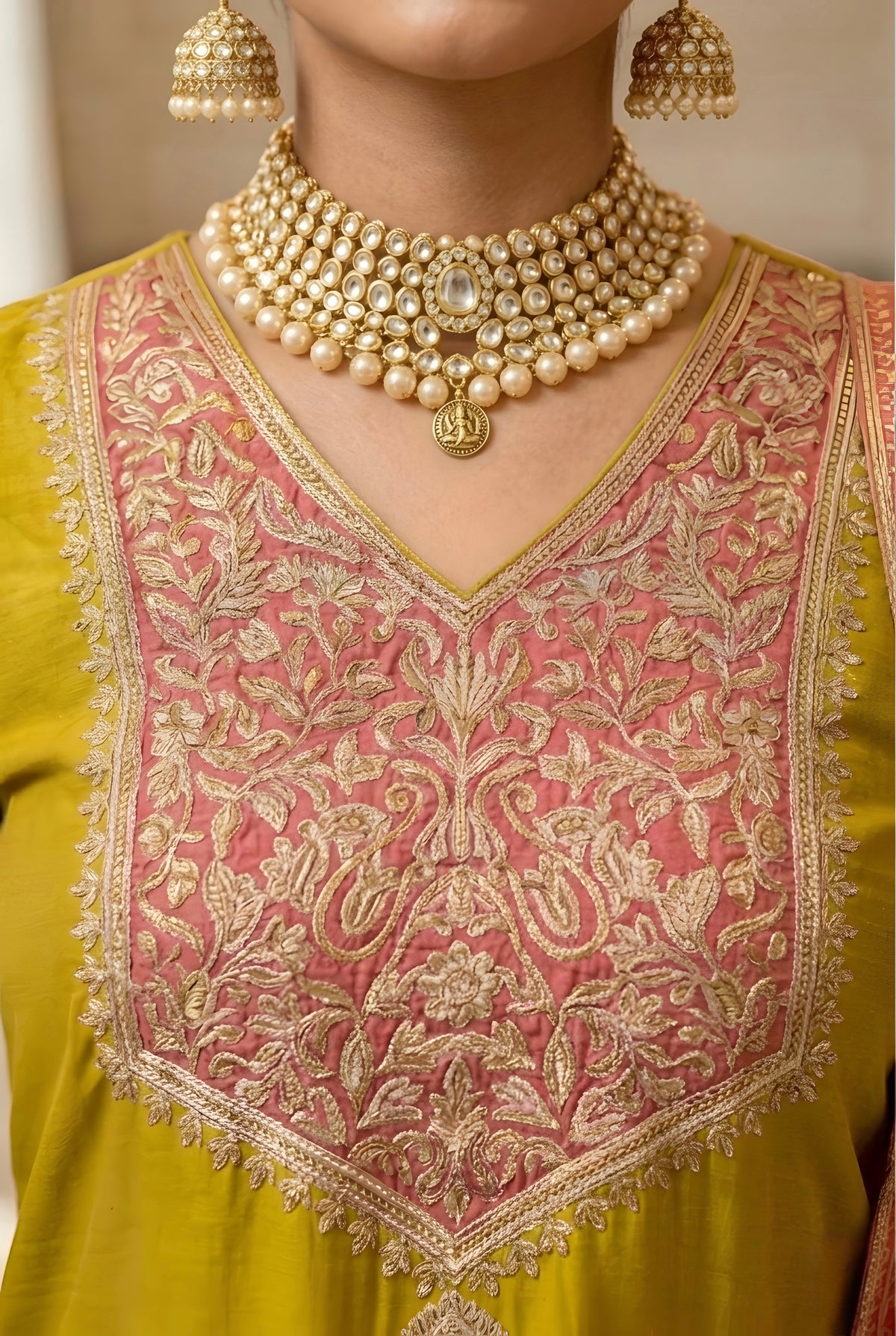 Mehandi Yellow Silk Embroidered Suit with Pant and Coral Pink Embroidered Dupatta