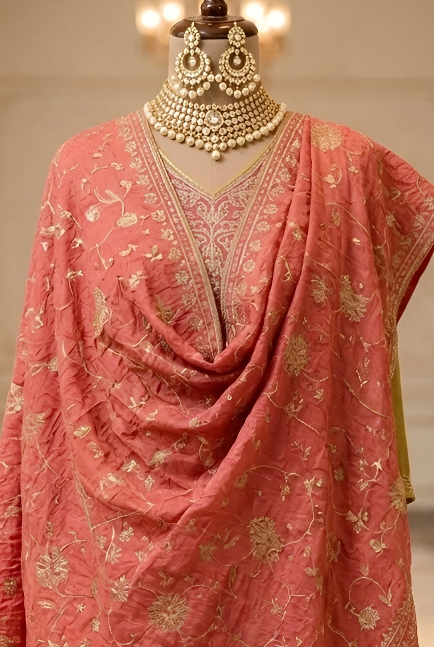 Mehandi Yellow Silk Embroidered Suit with Pant and Coral Pink Embroidered Dupatta