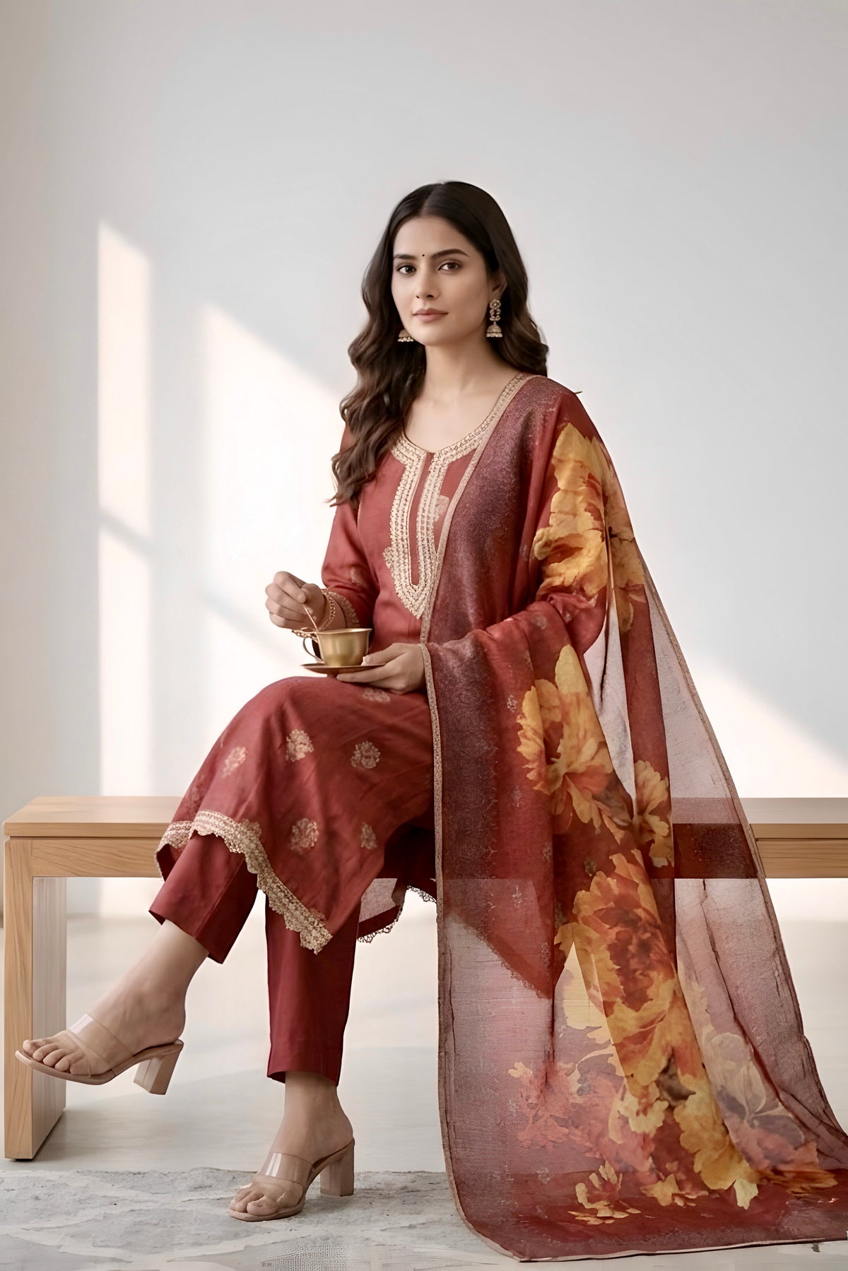 Rust Modal Silk Suit ,Work on Neck with Printed Dupatta and Pant