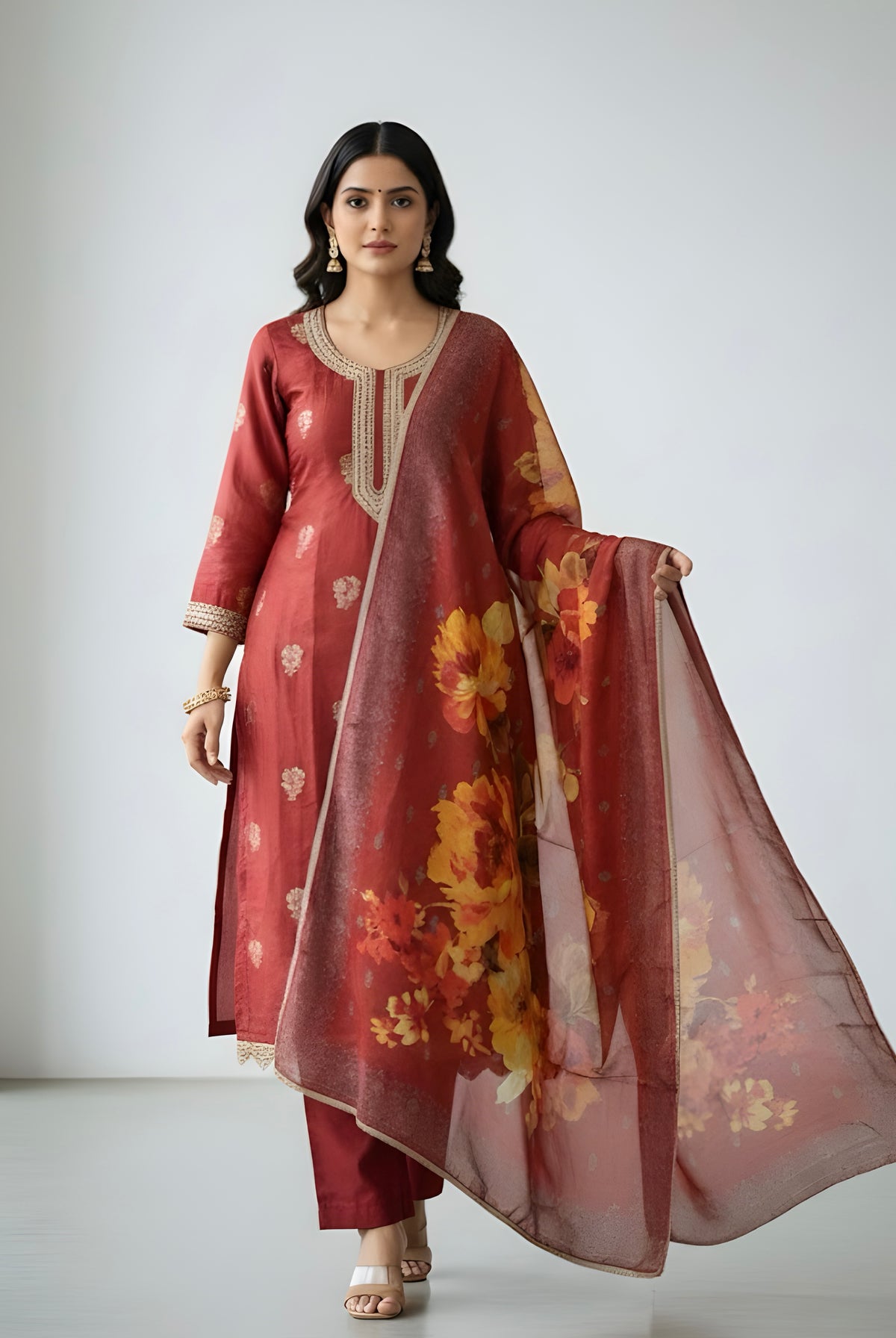 Rust Modal Silk Suit ,Work on Neck with Printed Dupatta and Pant