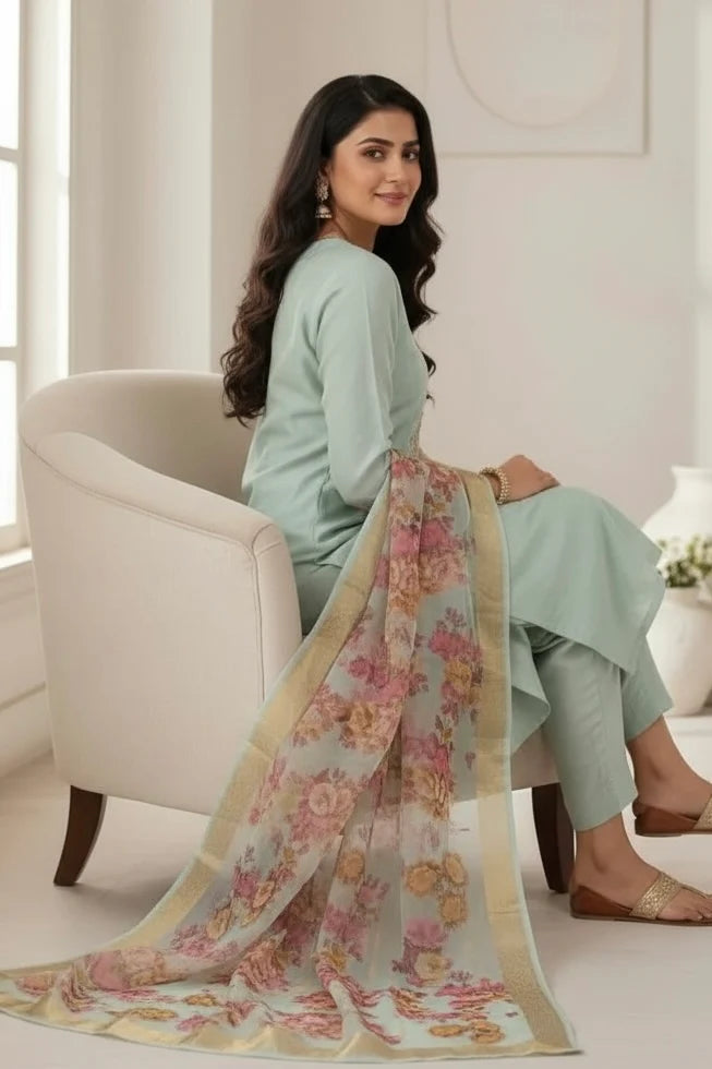 Light Green Chanderi Silk Suit with Printed Organza Dupatta and Pant