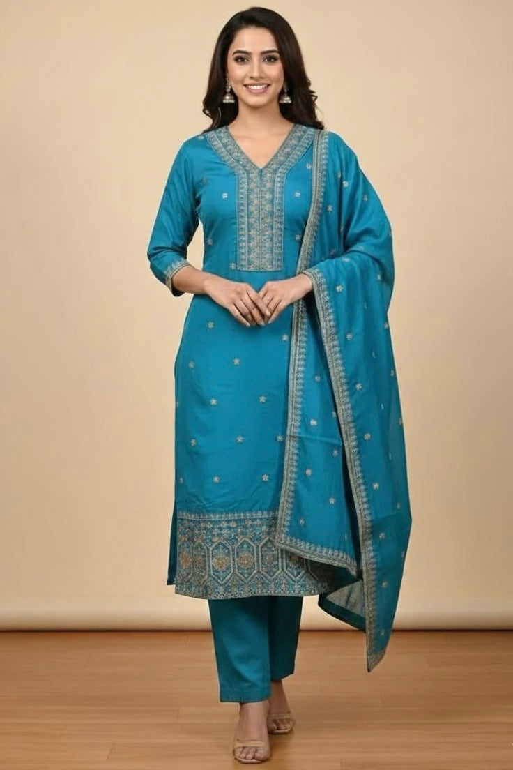 Ferozi Silk Tilla Work Suit with Pant