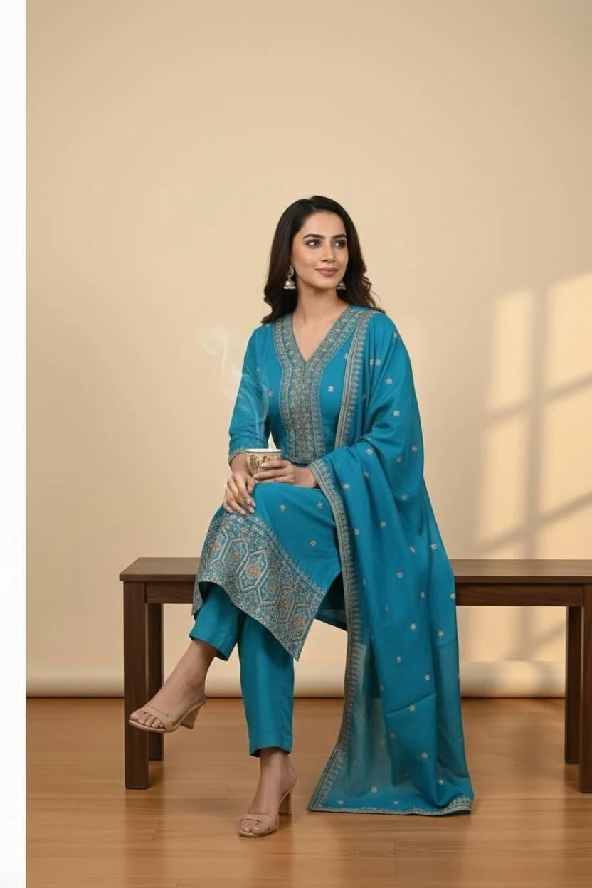 Ferozi Silk Tilla Work Suit with Pant