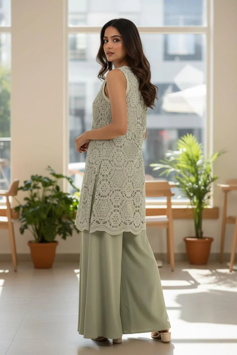 Anaya Pista Green Imported Fabric with Cutwork and Lace with Sharara