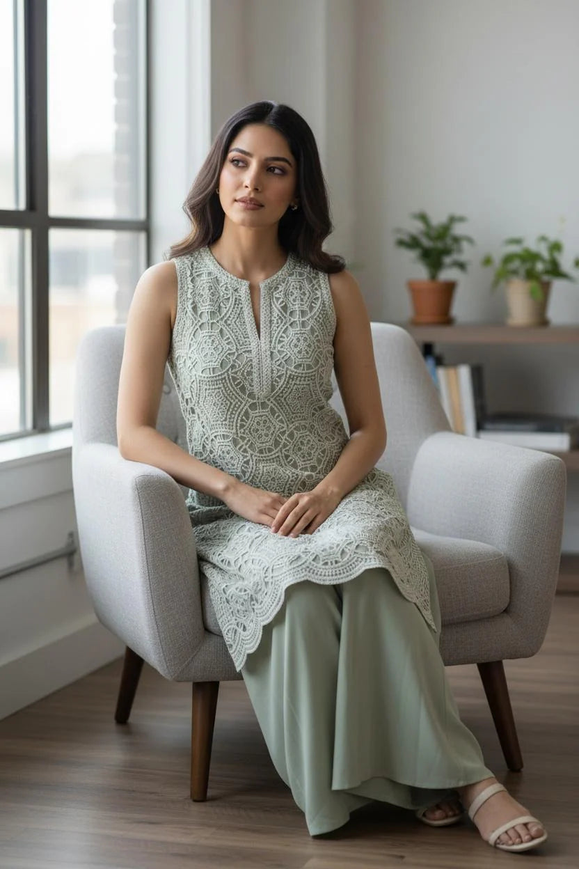 Anaya Pista Green Imported Fabric with Cutwork and Lace with Sharara