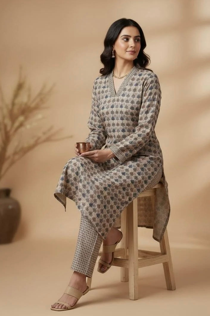 Beige Chanderi Silk with Multicoloured Printed Suit