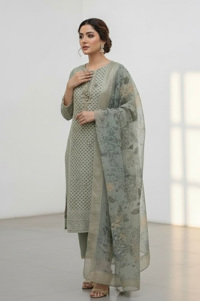 Alia Green Georgette Lakhnavi Suit with Banarsi Dupatta
