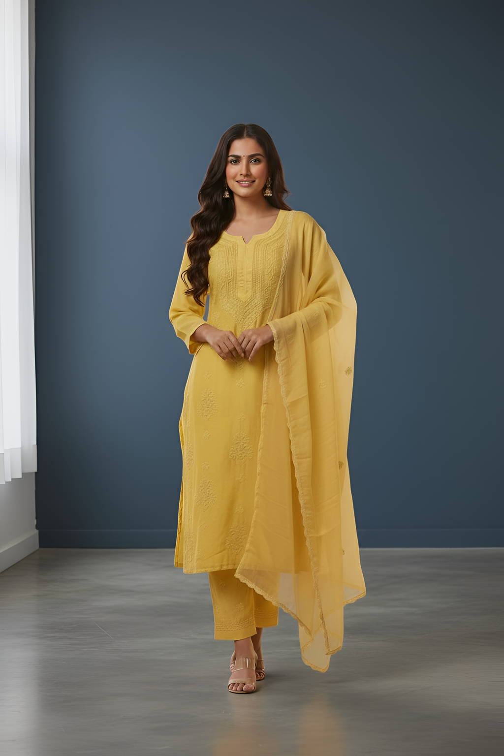Modal Mustard Lakhnavi Suit with Shiffon Dupatta