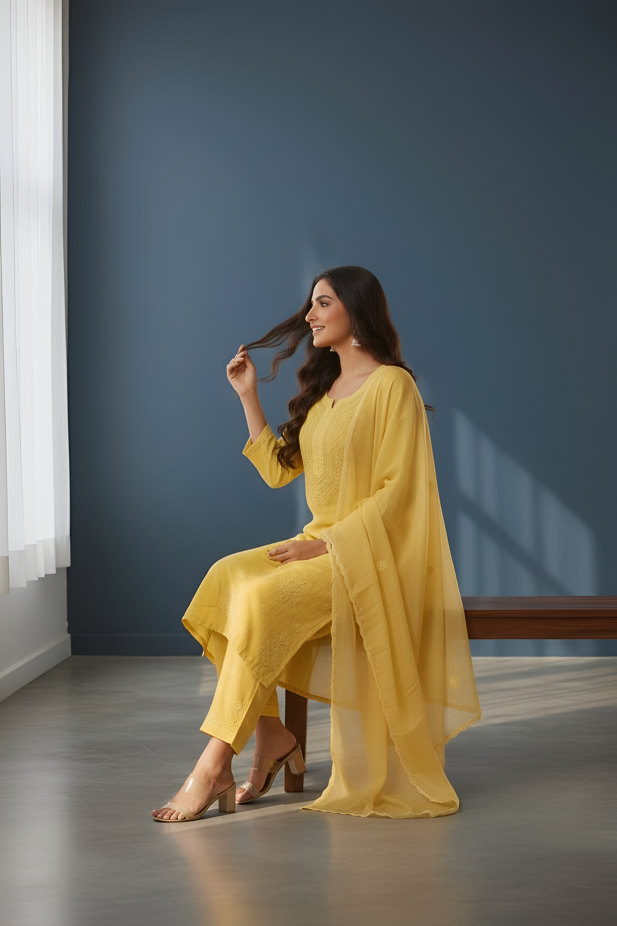Modal Mustard Lakhnavi Suit with Shiffon Dupatta