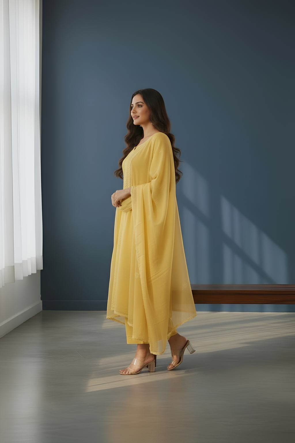 Modal Mustard Lakhnavi Suit with Shiffon Dupatta