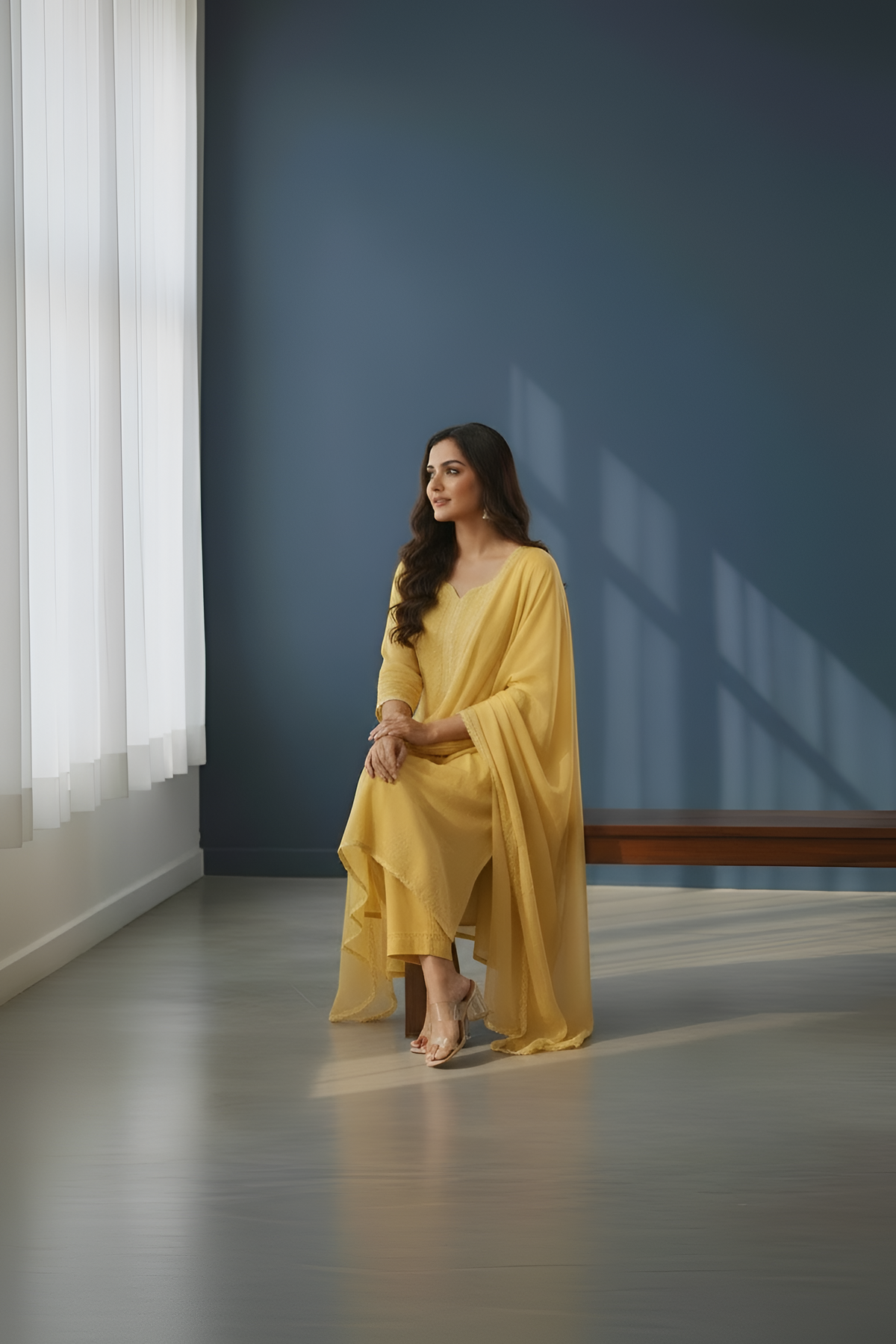 Modal Mustard Lakhnavi Suit with Shiffon Dupatta