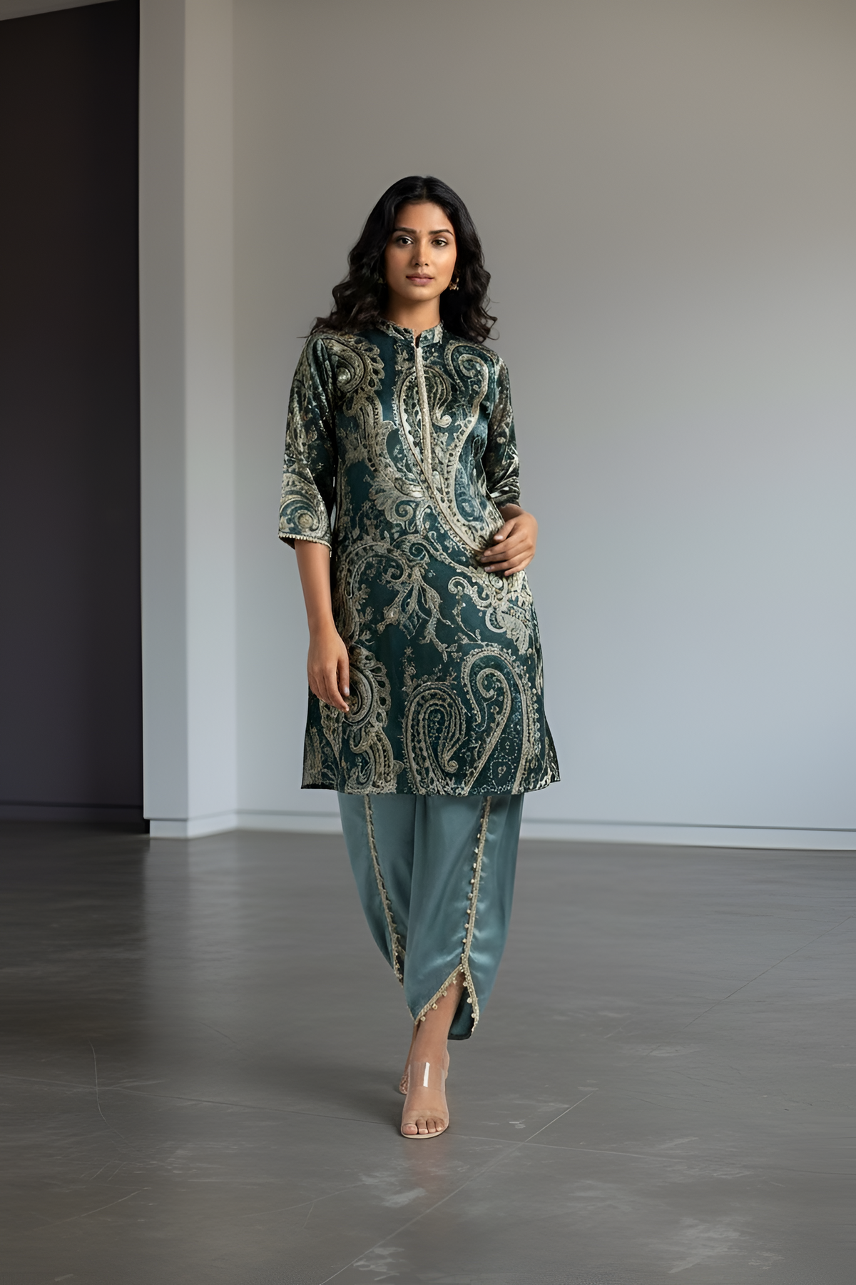 Green Printed Satin Co-ord Set with Pearl Lace and Plain Tulip Pant