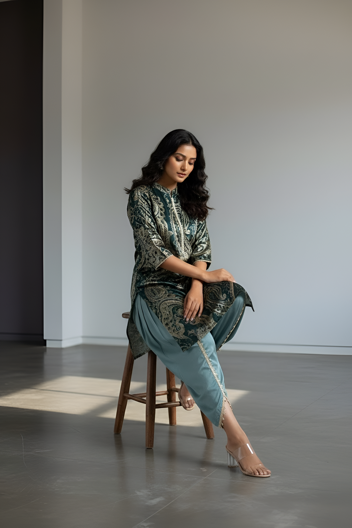 Green Printed Satin Co-ord Set with Pearl Lace and Plain Tulip Pant