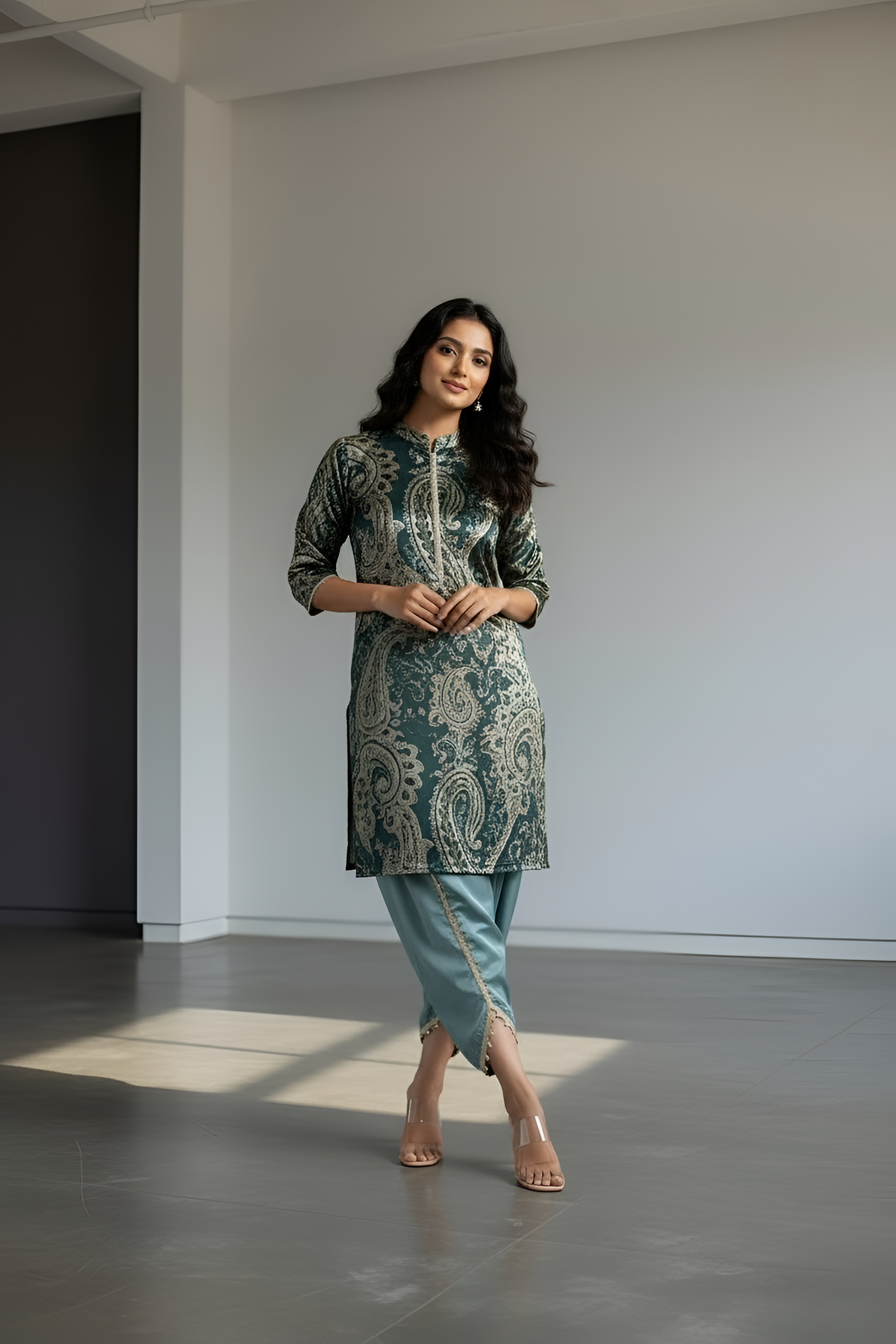 Green Printed Satin Co-ord Set with Pearl Lace and Plain Tulip Pant