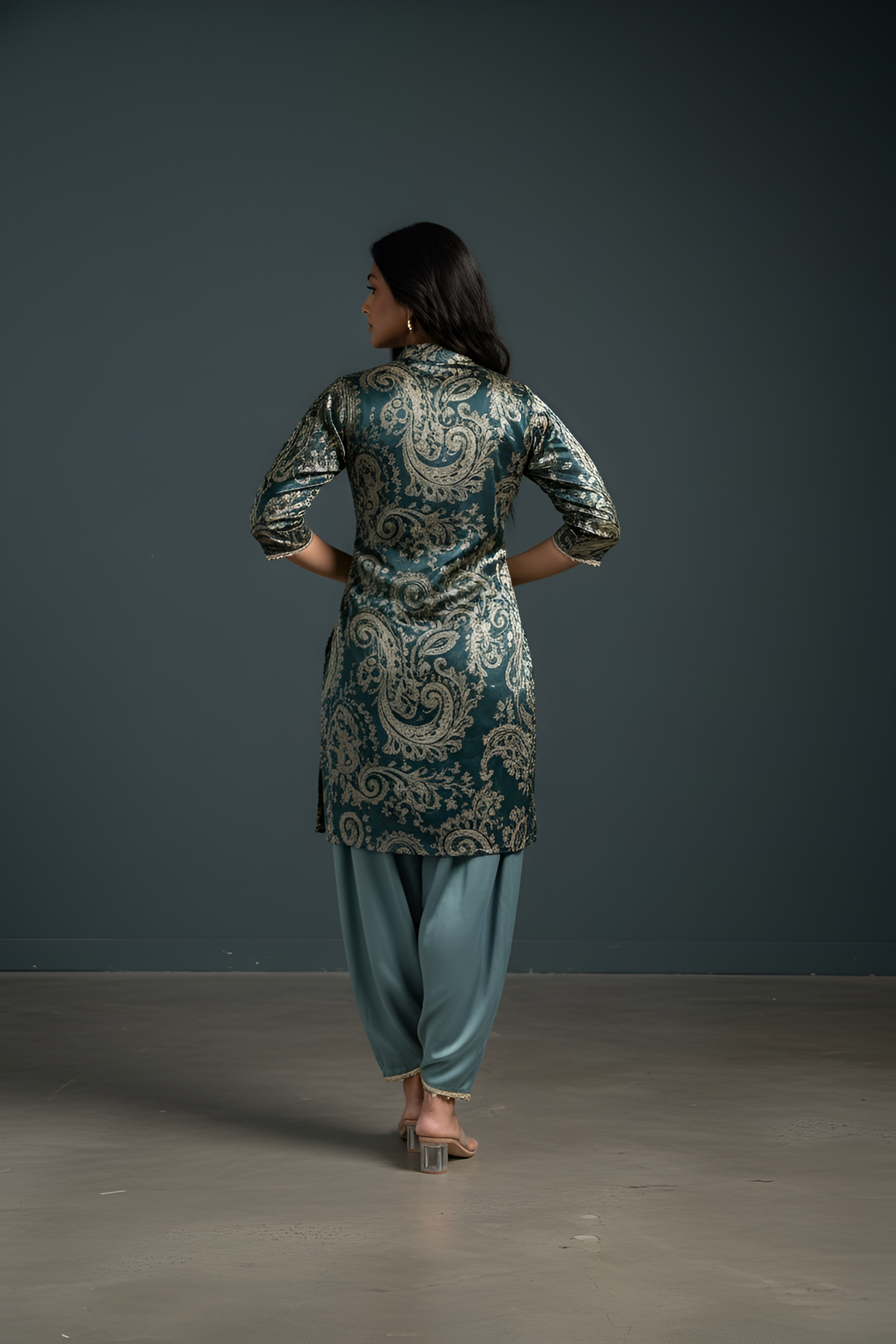 Green Printed Satin Co-ord Set with Pearl Lace and Plain Tulip Pant