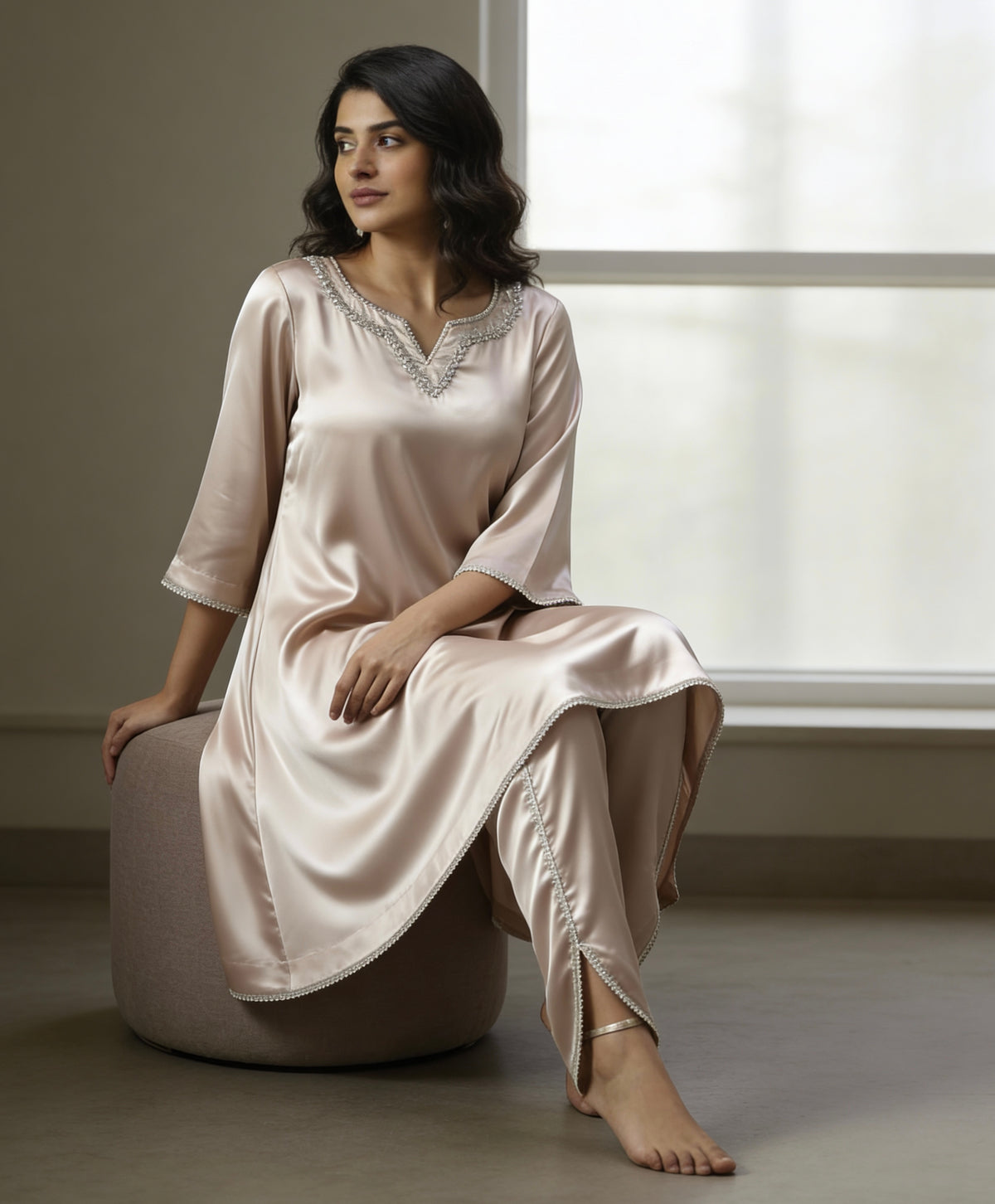 Light Pink Satin Co-ord Set with Pearl Lace and Tulip Pant