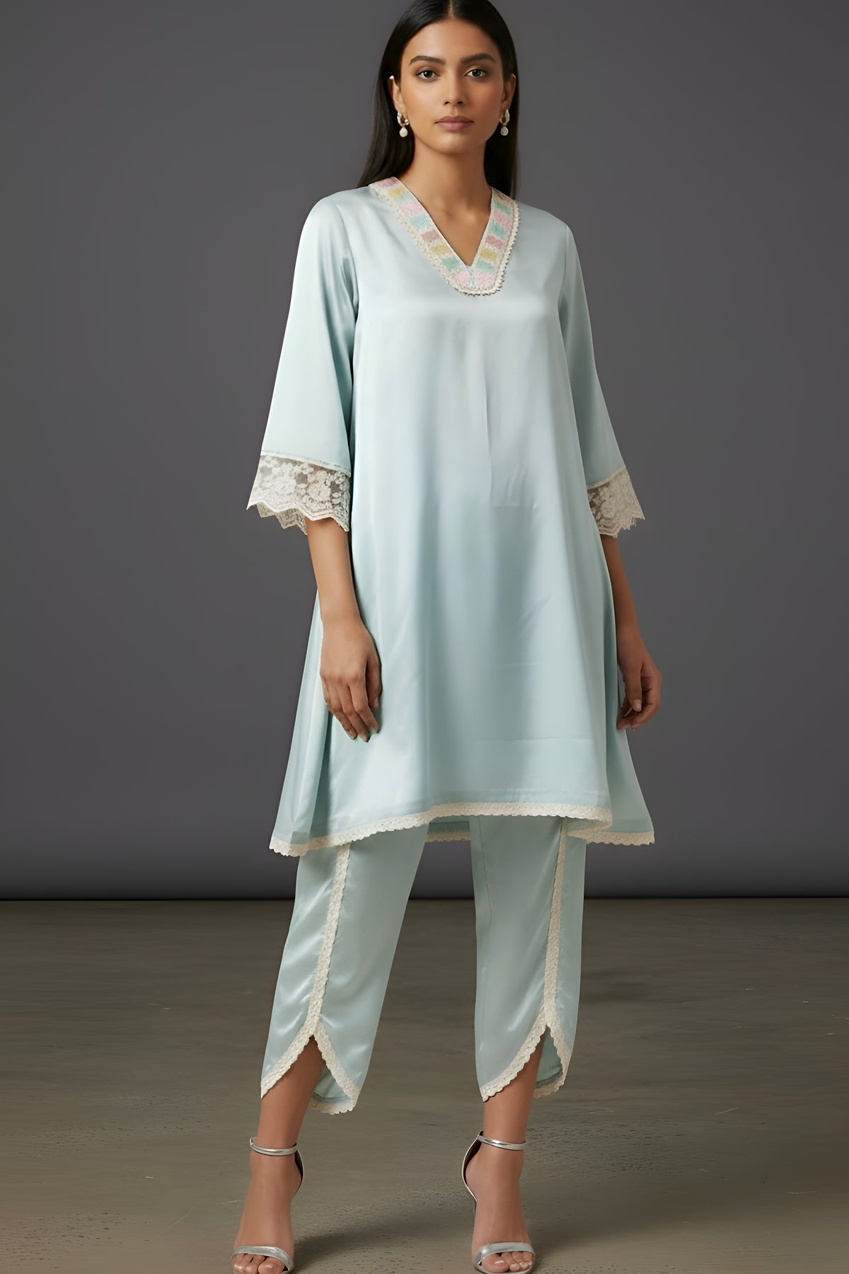 Sky Blue Satin Suit with Pearl Work on Neck and Laces on Sleeves with Tulip Pant