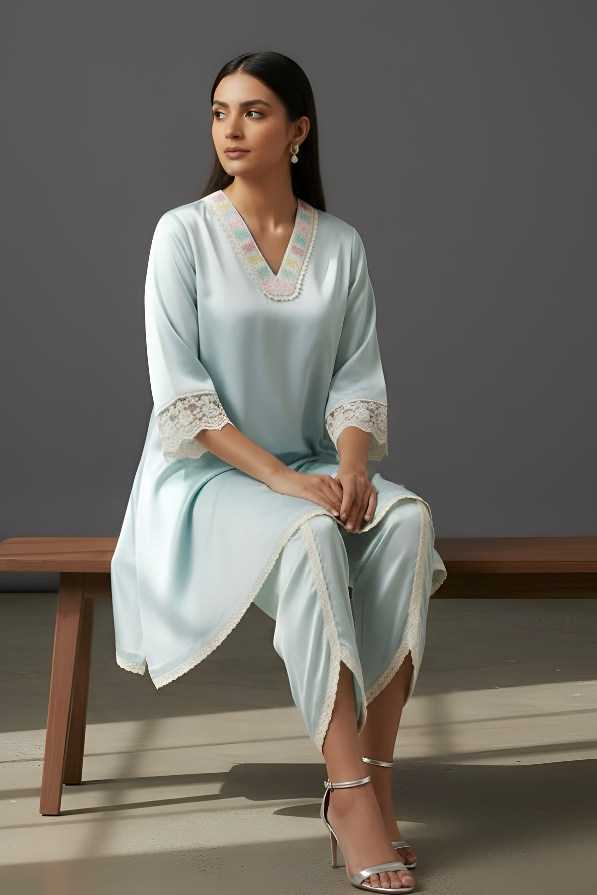 Sky Blue Satin Suit with Pearl Work on Neck and Laces on Sleeves with Tulip Pant
