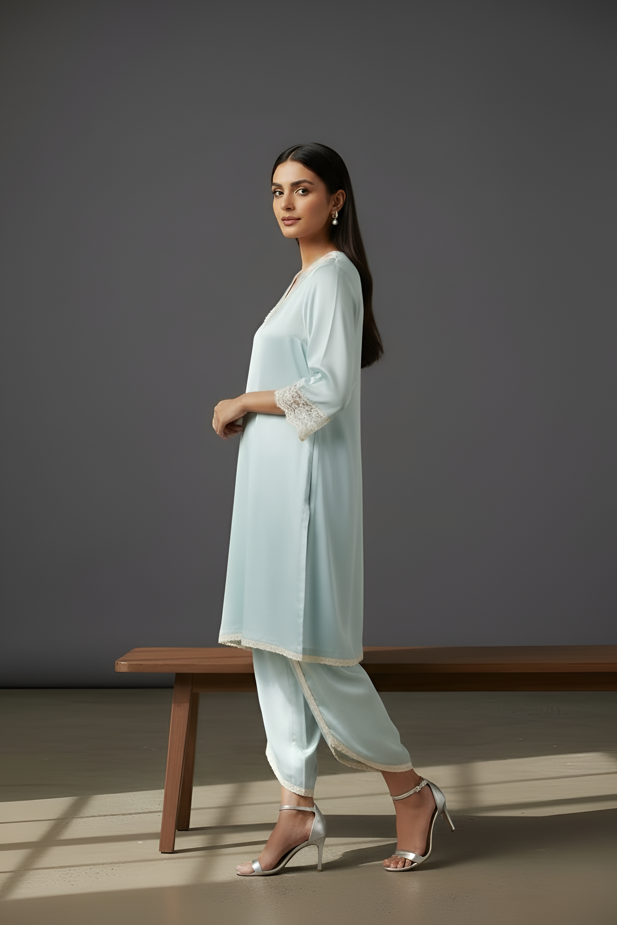 Sky Blue Satin Suit with Pearl Work on Neck and Laces on Sleeves with Tulip Pant