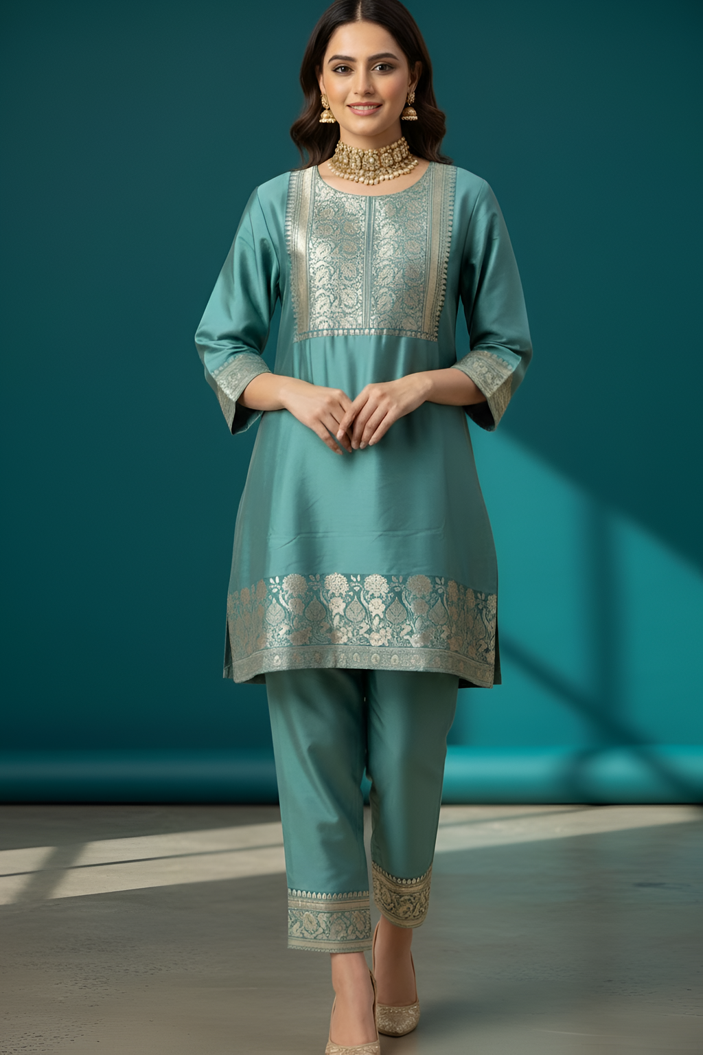 Green Silk Co-ord Set with Banarasri Border