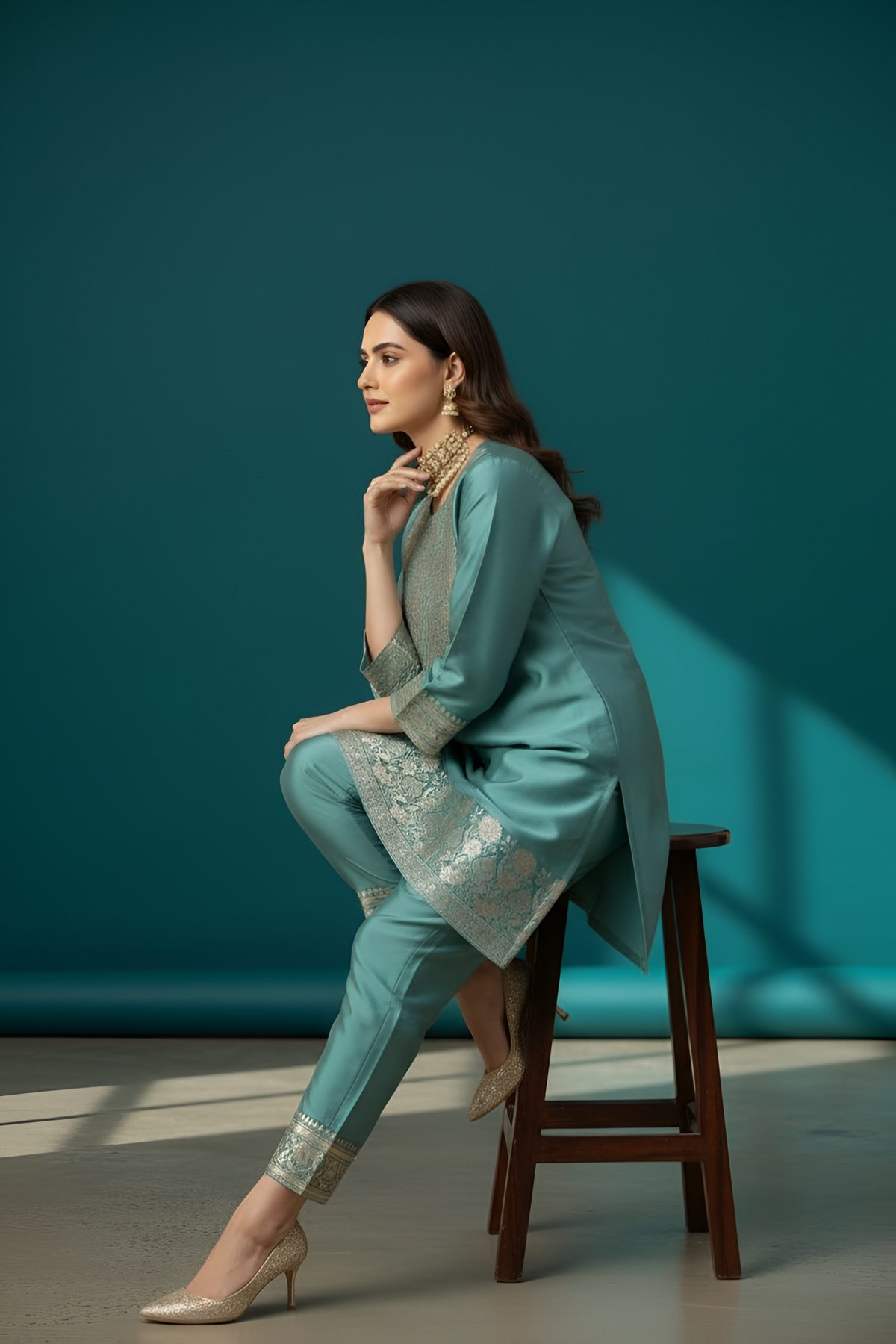 Green Silk Co-ord Set with Banarasri Border