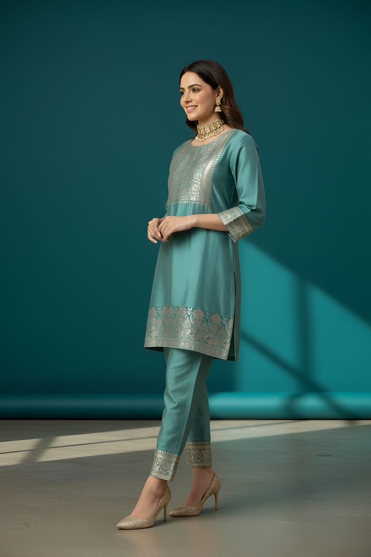 Green Silk Co-ord Set with Banarasri Border