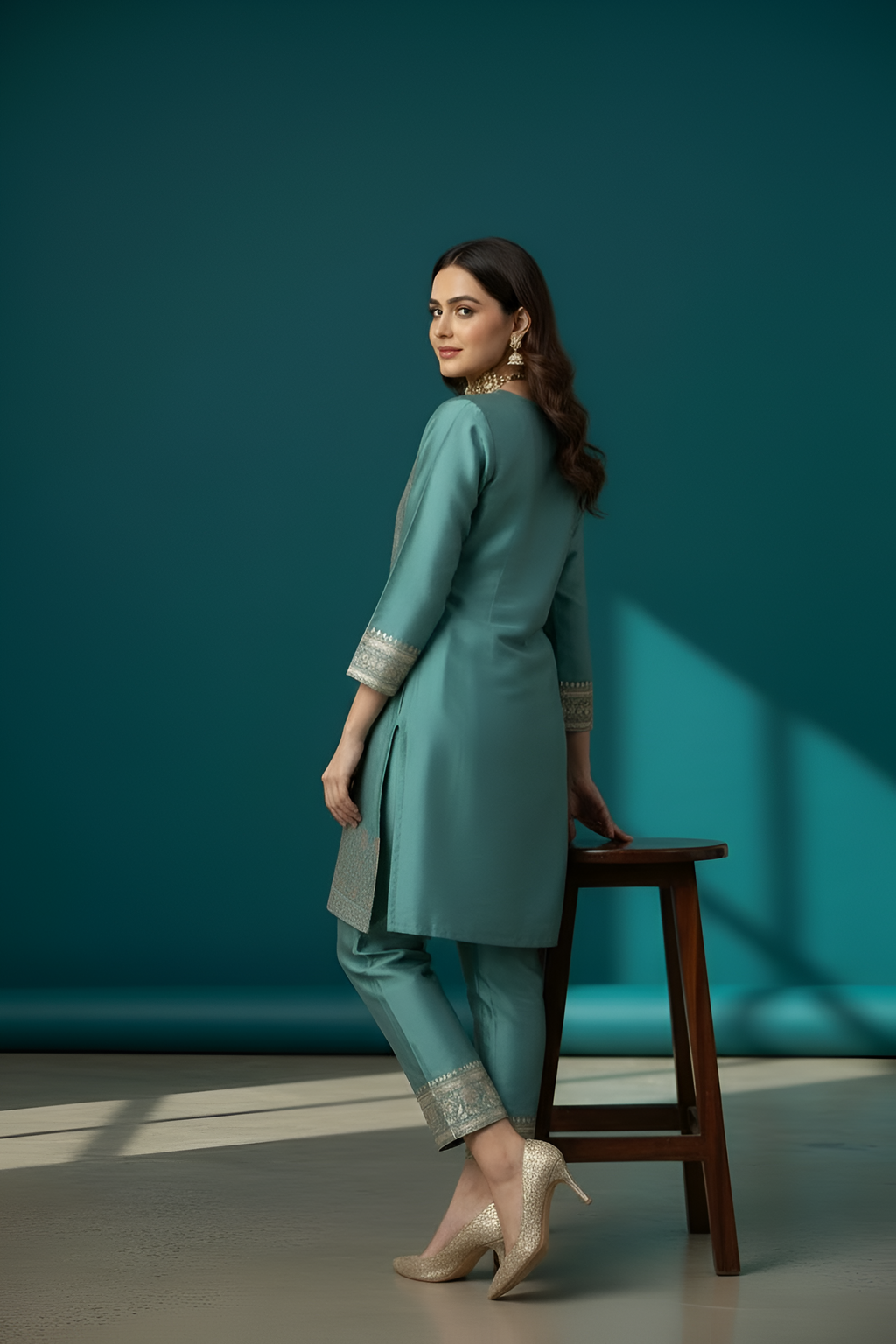 Green Silk Co-ord Set with Banarasri Border