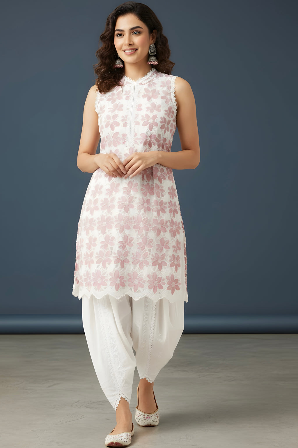 Tea Rose Colour Full Chicken Imported Fabric Kurti with Embroided Tulip Pant