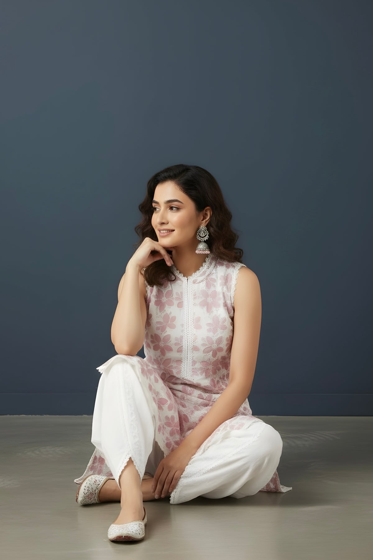 Tea Rose Colour Full Chicken Imported Fabric Kurti with Embroided Tulip Pant