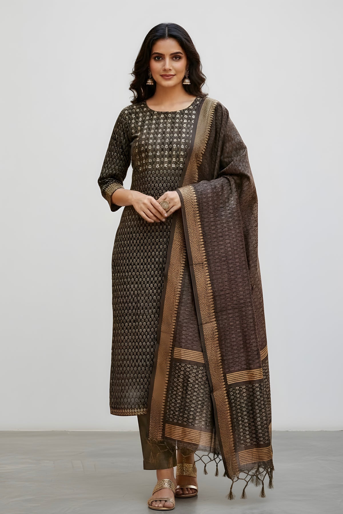 Brown Chanderi Printed Suit with Highlight and Pant