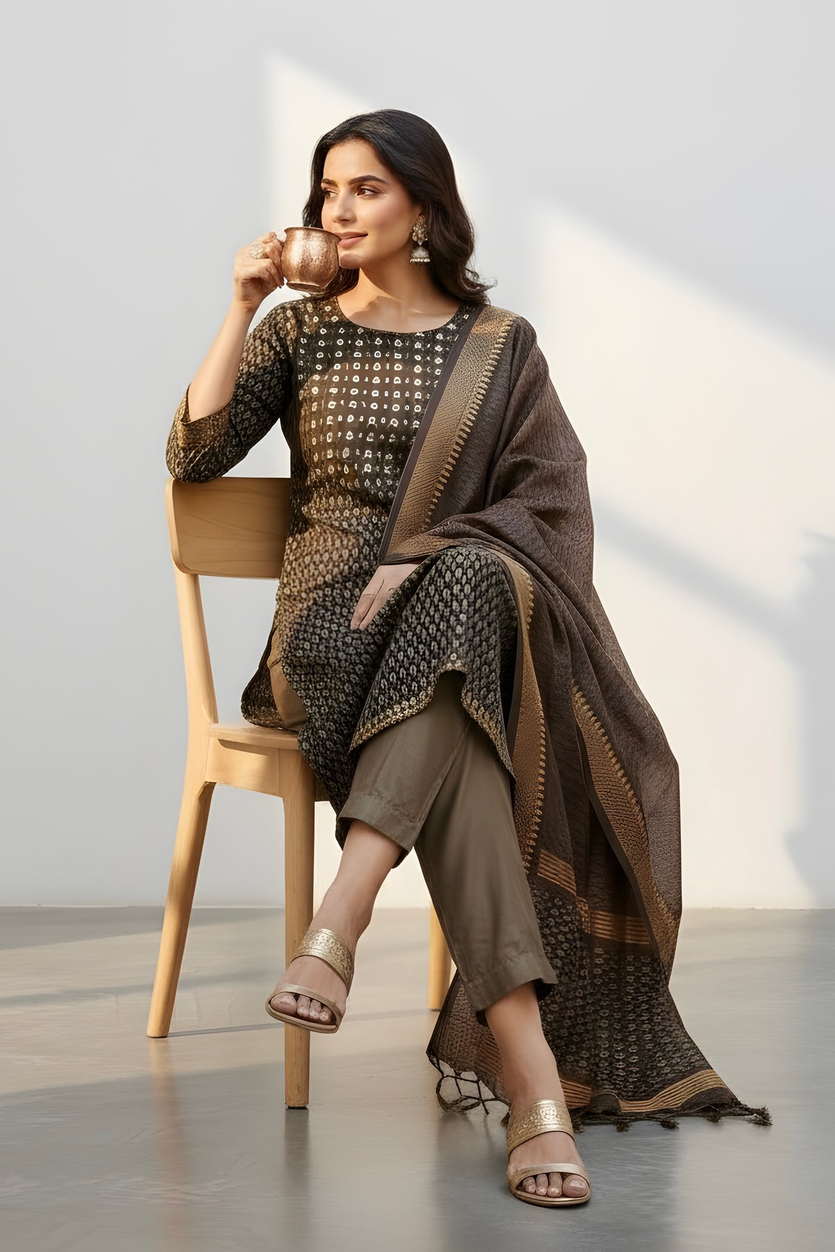Brown Chanderi Printed Suit with Highlight and Pant