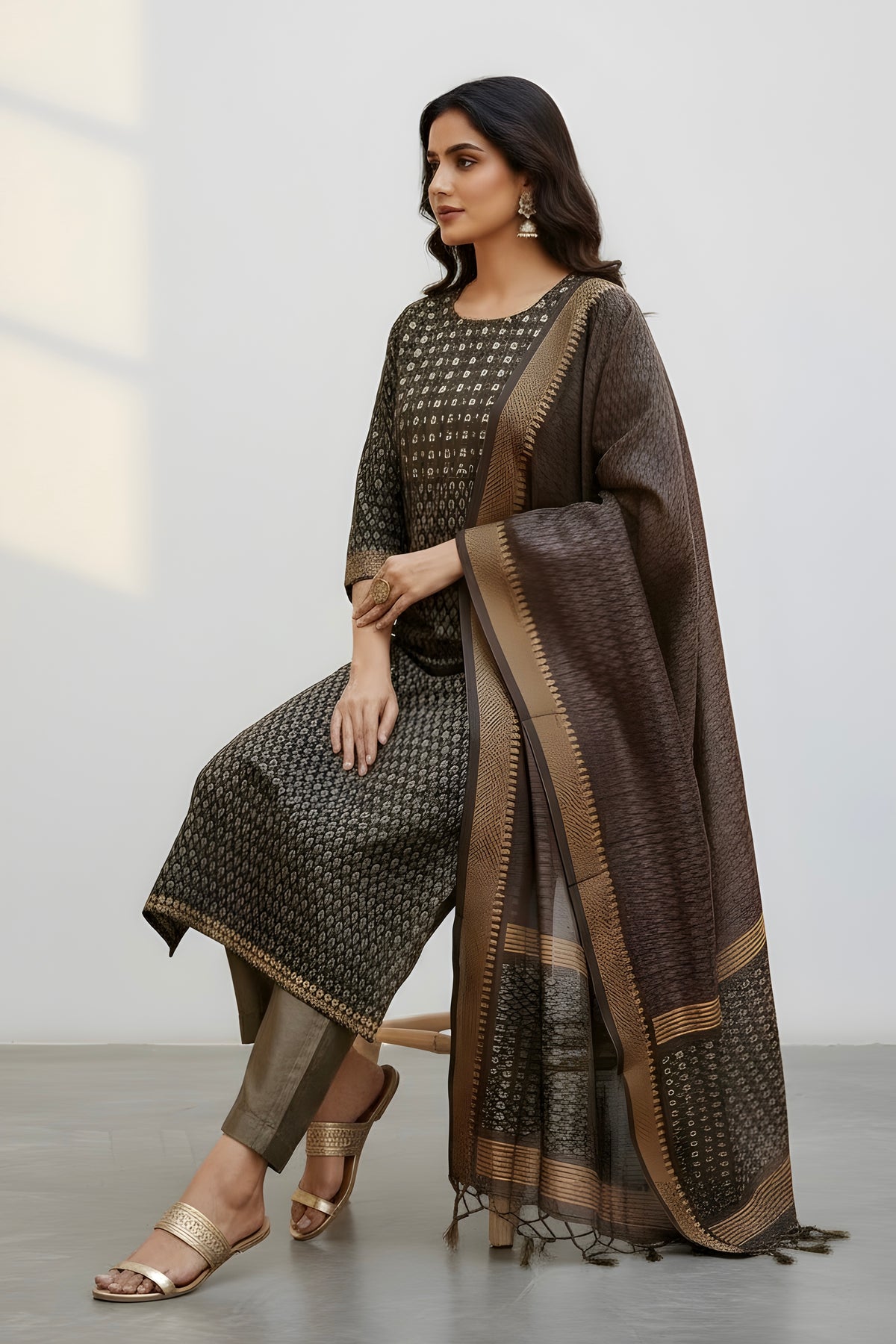 Brown Chanderi Printed Suit with Highlight and Pant