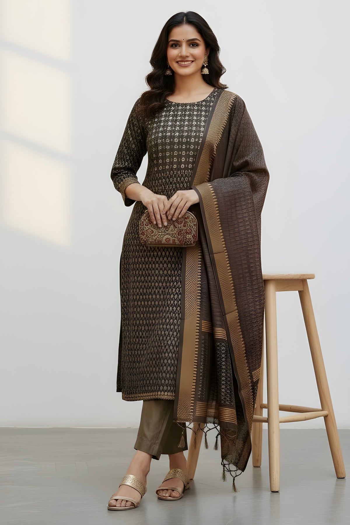 Brown Chanderi Printed Suit with Highlight and Pant