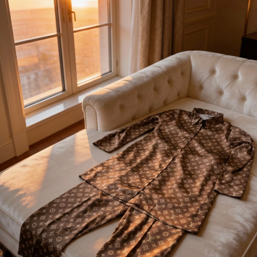 Brown Satin Printed Co-ord Set with Collar and same Printed Pant