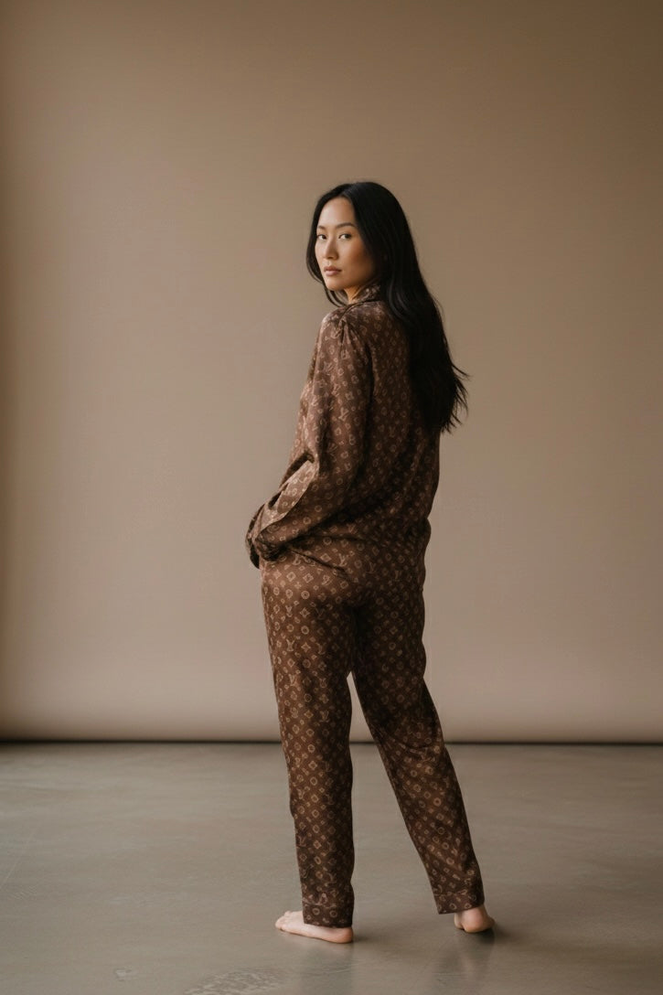 Brown Satin Printed Co-ord Set with Collar and same Printed Pant
